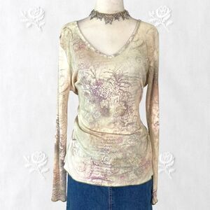 XCIT Early 2000's Whimsygoth Graphic Light Green Cotton Sequin Long Sleeve XL